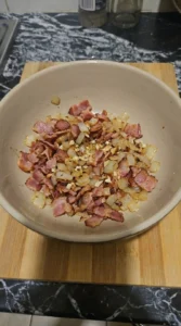 Loaded Baked Potato Soup bacon onion and garlic cooking stage Recipe focus: potato soup recipe.