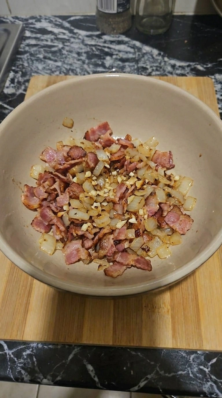 Loaded Baked Potato Soup bacon onion and garlic cooking stage Recipe focus: potato soup recipe.