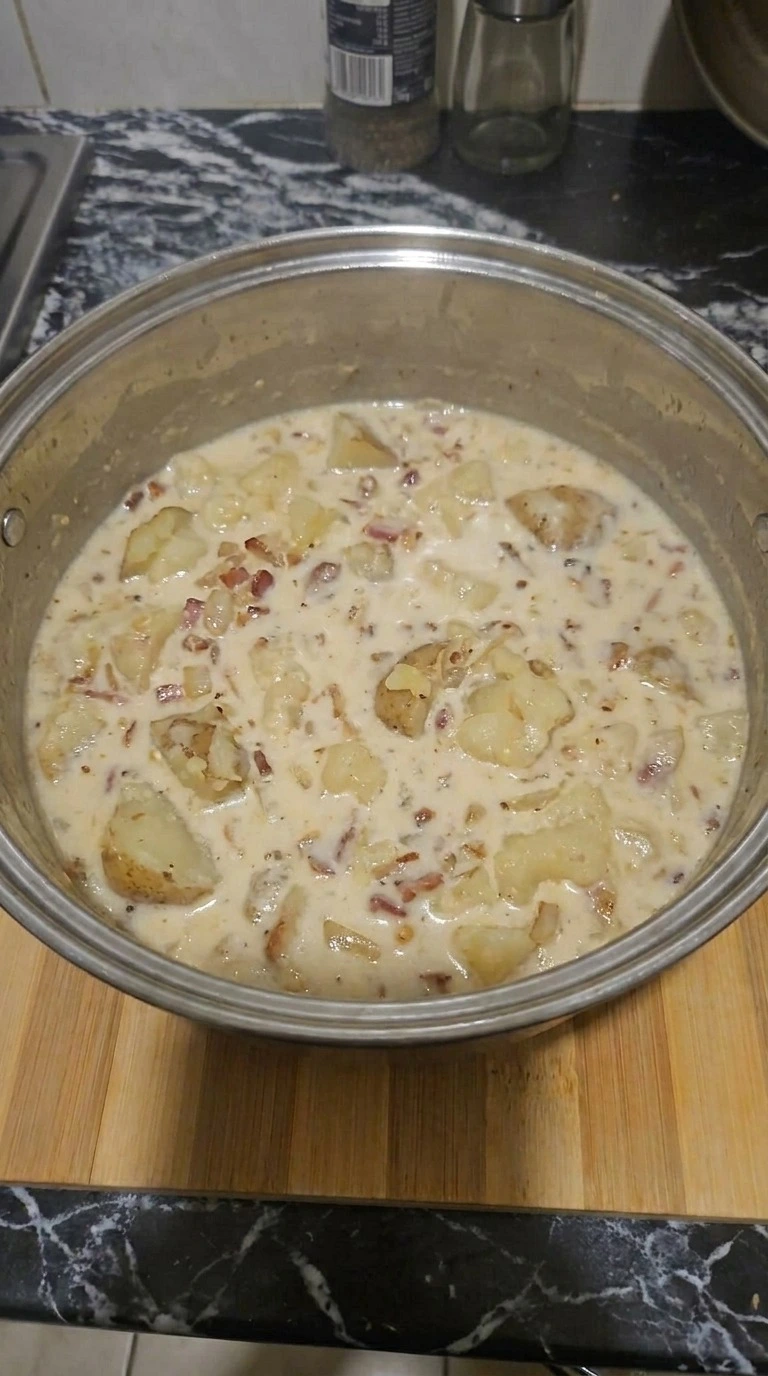 Loaded Baked Potato Soup thickening with potatoes and broth Recipe focus: potato soup recipe.