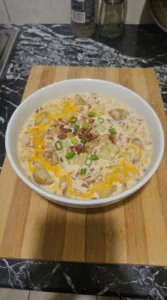 Loaded Baked Potato Soup served bowl with bacon and green onion toppings Recipe focus: cheesy potato soup.