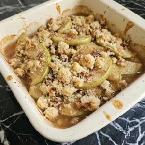 Low Carb Apple Crisp Almond Flour with golden almond pecan topping over tender apple slices