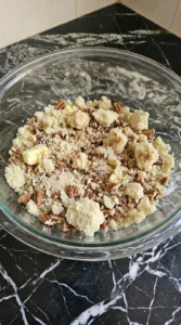 Low Carb Apple Crisp Almond Flour step with crumbly almond flour and pecan topping