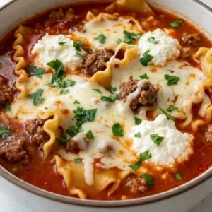 One Pot Lasagna Soup with melted cheese and tender noodles in a serving bowl Recipe focus: lasagna soup recipe.