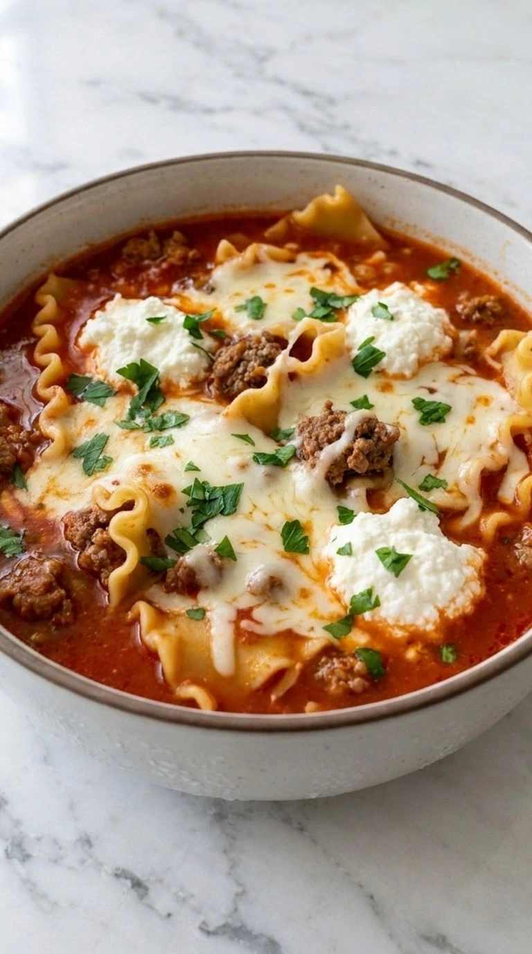 One Pot Lasagna Soup with melted cheese and tender noodles in a serving bowl Recipe focus: lasagna soup recipe.