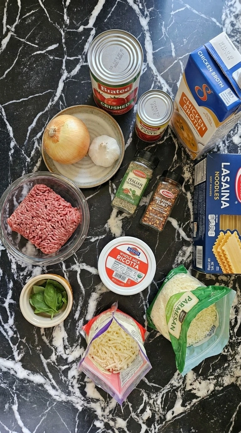 One Pot Lasagna Soup ingredients including noodles vegetables beef and cheese portions Recipe focus: creamy lasagna soup.