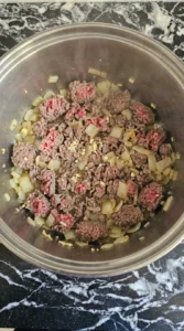 One Pot Lasagna Soup beef and onions browning with garlic in the first cooking stage Recipe focus: lasagna soup recipe.