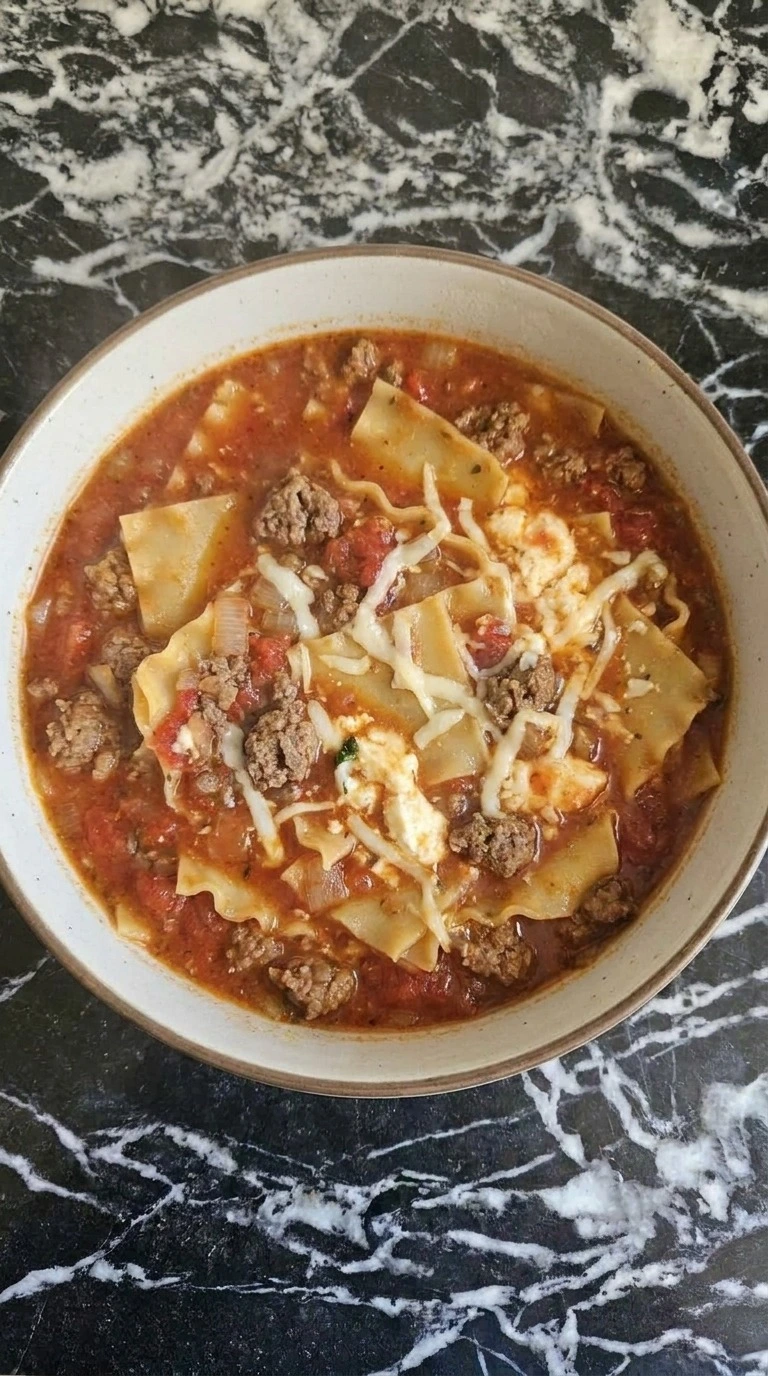 One Pot Lasagna Soup final bowl with melted cheese and tomato noodles Recipe focus: creamy lasagna soup.