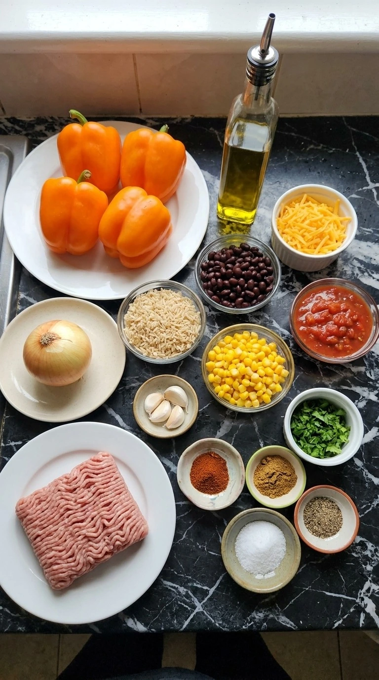 Orange Halloween Party Food ingredients with orange peppers, turkey, brown rice, beans, corn and cheddar