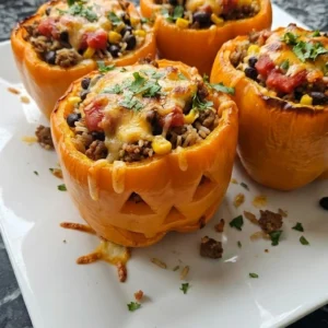 Orange Halloween Party Food with jack-o'-lantern stuffed orange bell peppers topped with melted cheddar