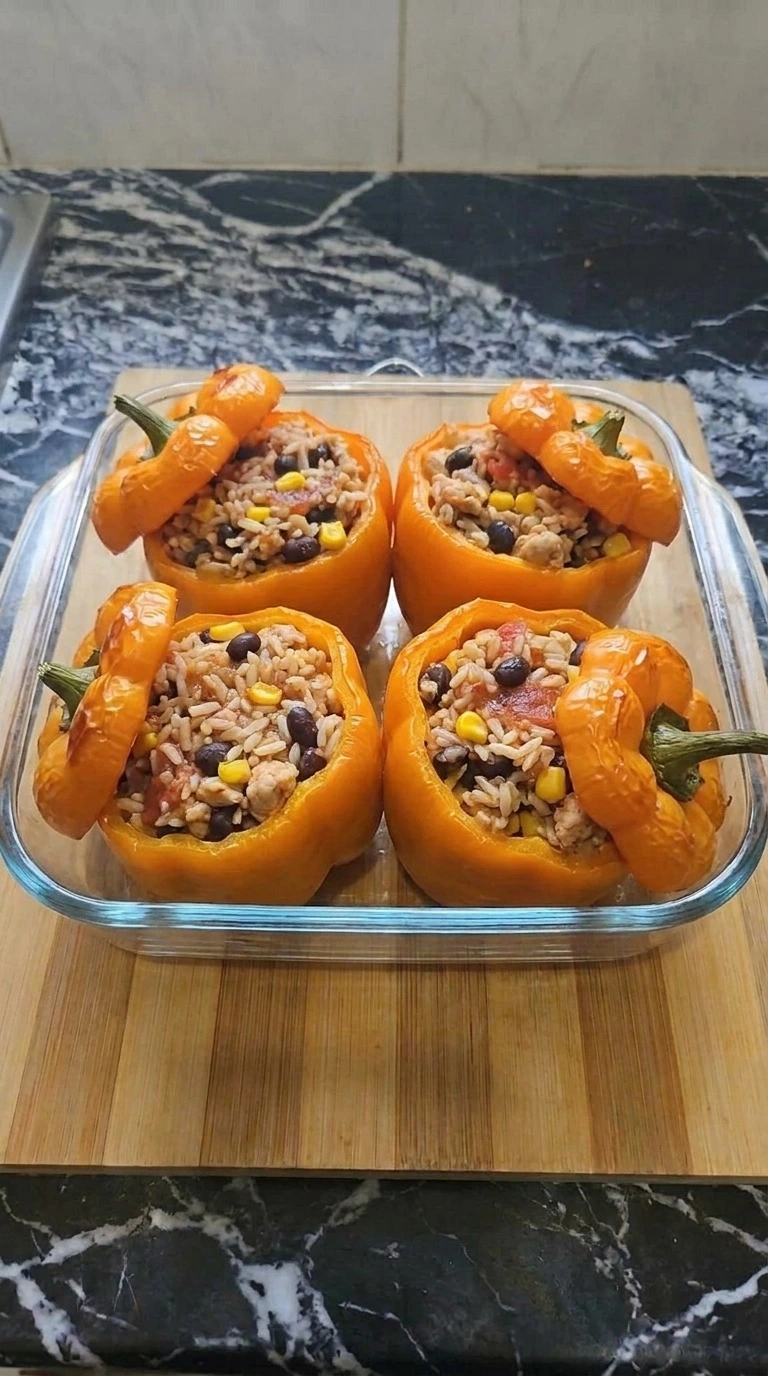 Orange Halloween Party Food step showing four stuffed carved peppers baked until tender