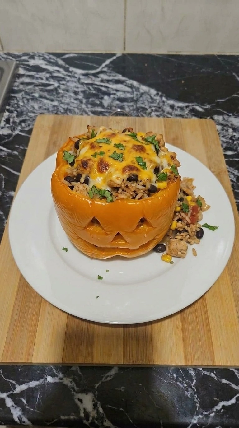 Orange Halloween Party Food step with one stuffed orange pepper topped with melted sharp cheddar