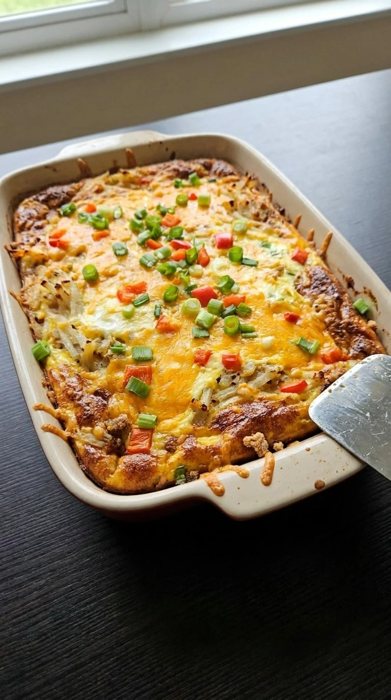 Overnight Breakfast Casserole with golden hashbrowns and melted cheddar Recipe focus: breakfast casserole with hashbrowns.