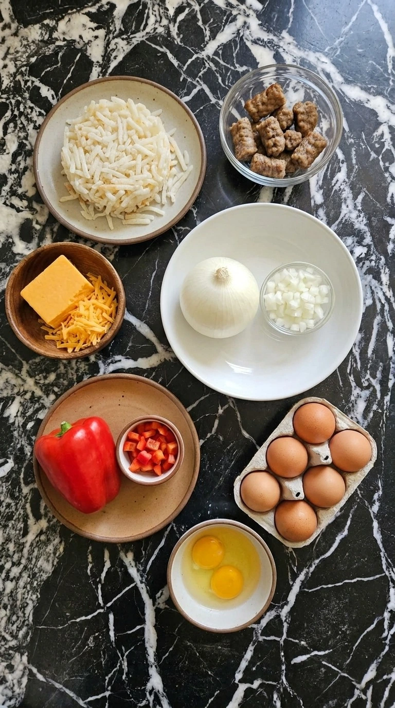 Overnight Breakfast Casserole ingredients with eggs hashbrowns and cheddar Recipe focus: tater tot breakfast casserole.
