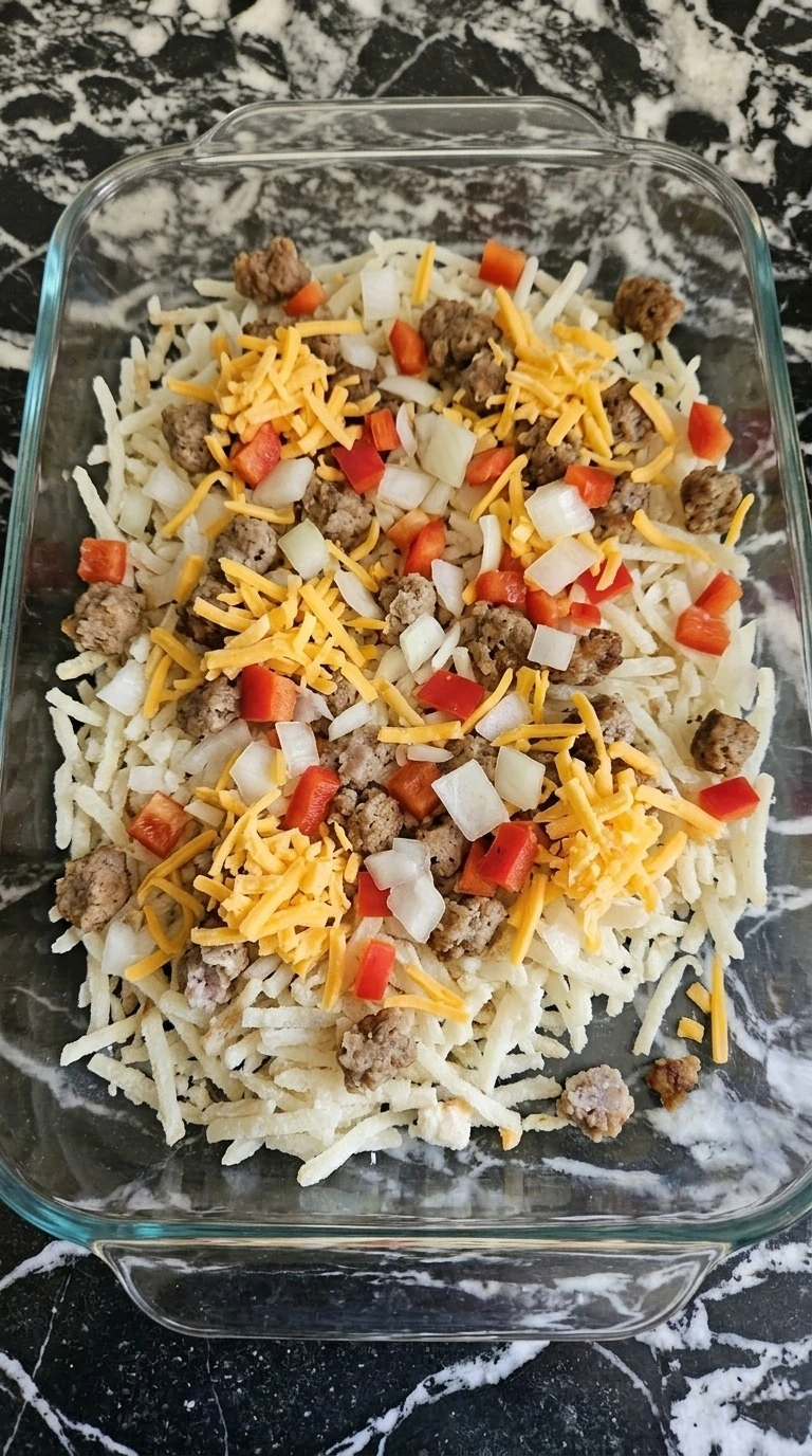 Overnight Breakfast Casserole layered with hashbrowns sausage and cheddar Recipe focus: biscuits and gravy breakfast casserole.