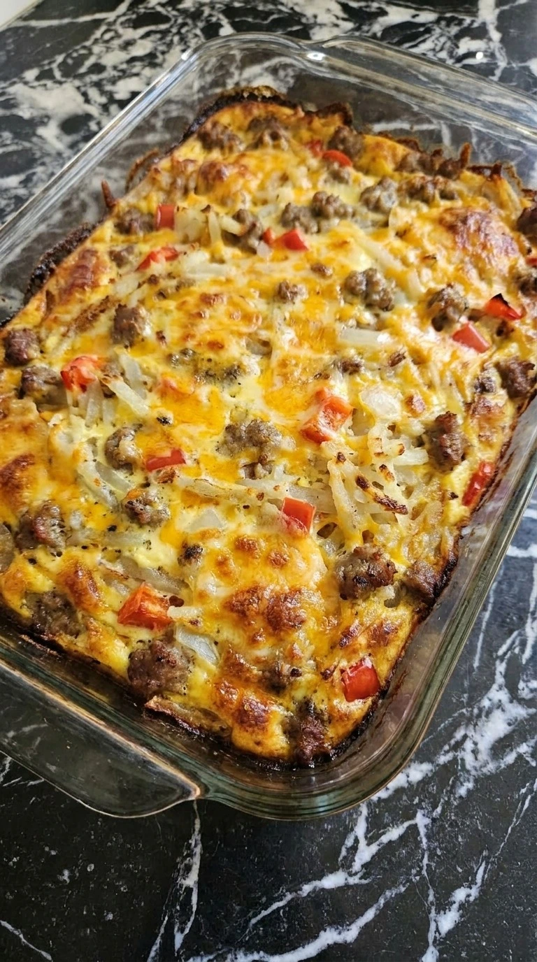 Overnight Breakfast Casserole baking with golden hashbrowns and melted cheese Recipe focus: breakfast casserole with hashbrowns.