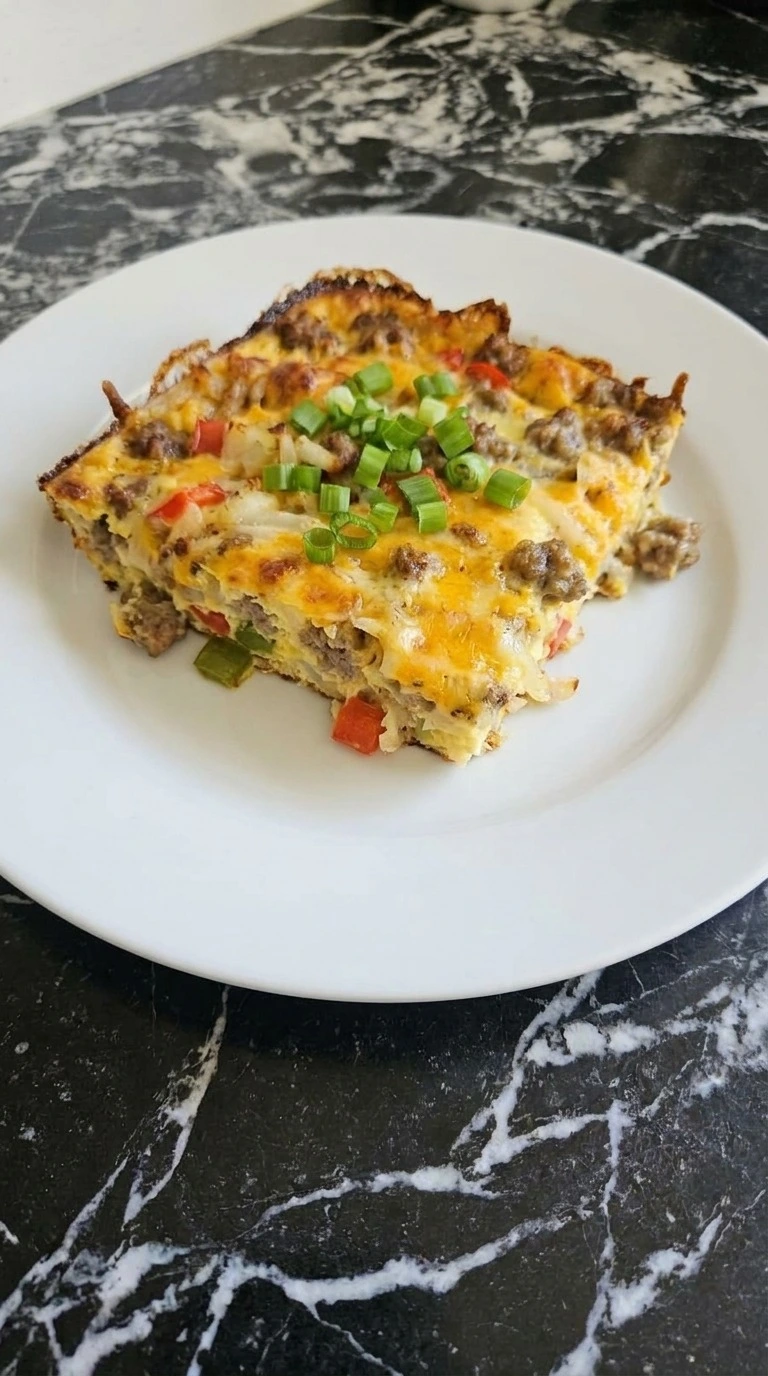 Overnight Breakfast Casserole slice served with golden edges and herbs Recipe focus: easy breakfast casserole.