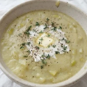 Potato Leek Soup in a bowl with creamy texture and soft leek pieces Recipe focus: potato leek soup recipe.