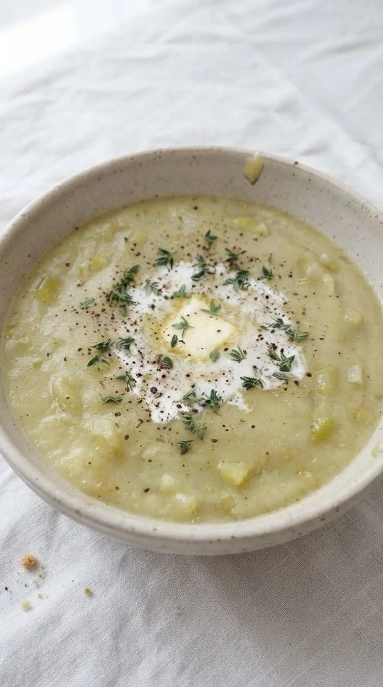 Potato Leek Soup in a bowl with creamy texture and soft leek pieces Recipe focus: potato leek soup recipe.