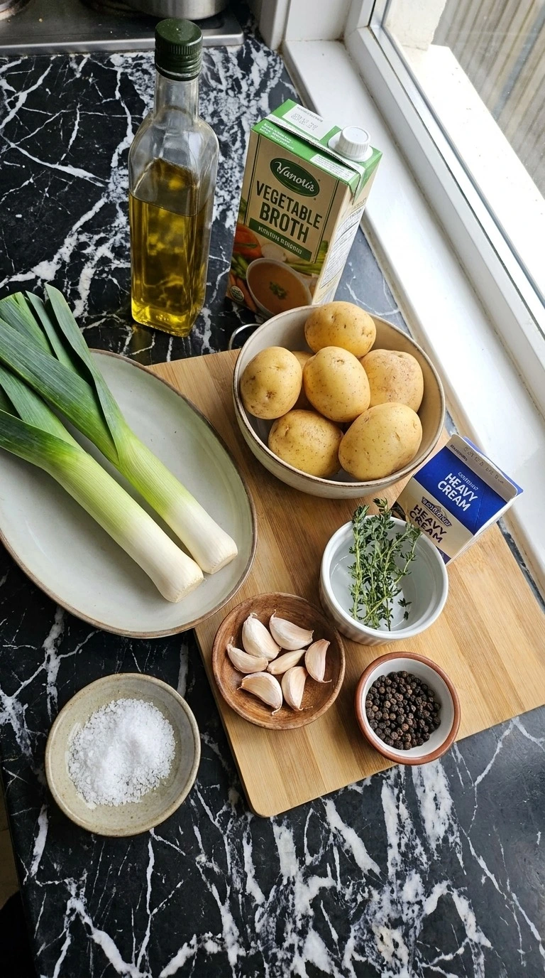 Potato Leek Soup ingredients with potatoes leeks herbs and cream Recipe focus: leek potato soup.