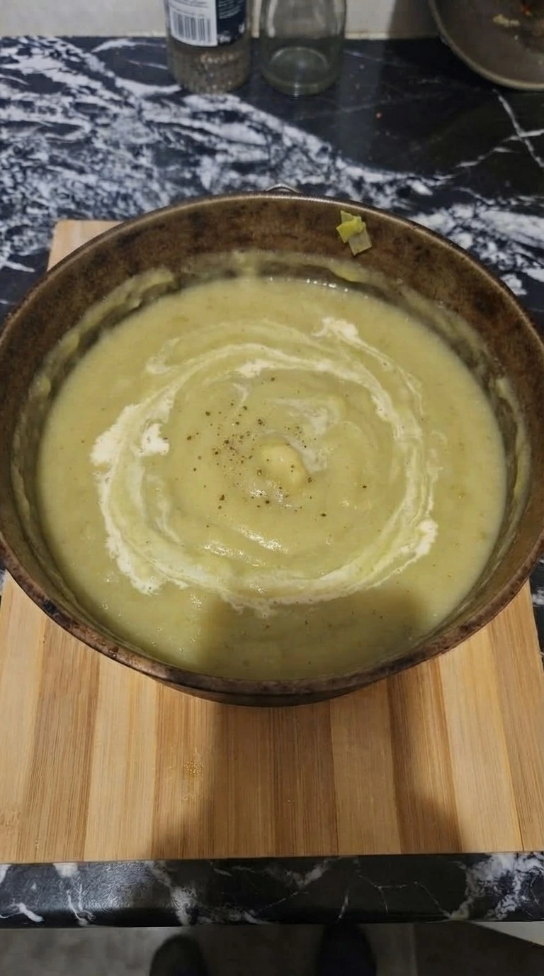 Potato Leek Soup step 4 with creamy blended soup texture Recipe focus: leek potato soup.