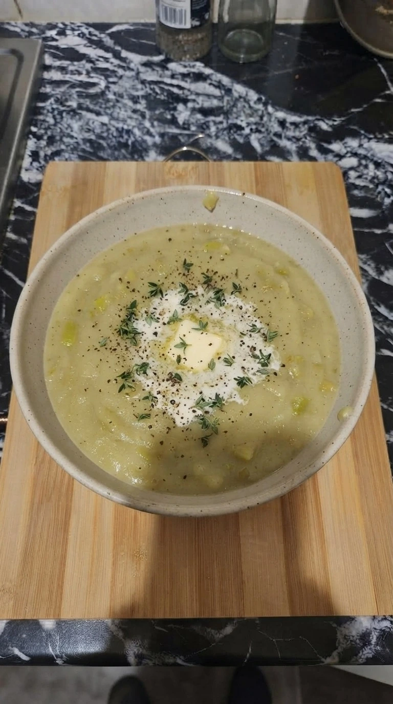 Potato Leek Soup step 5 served bowl with thyme garnish Recipe focus: potato and leek soup recipe.