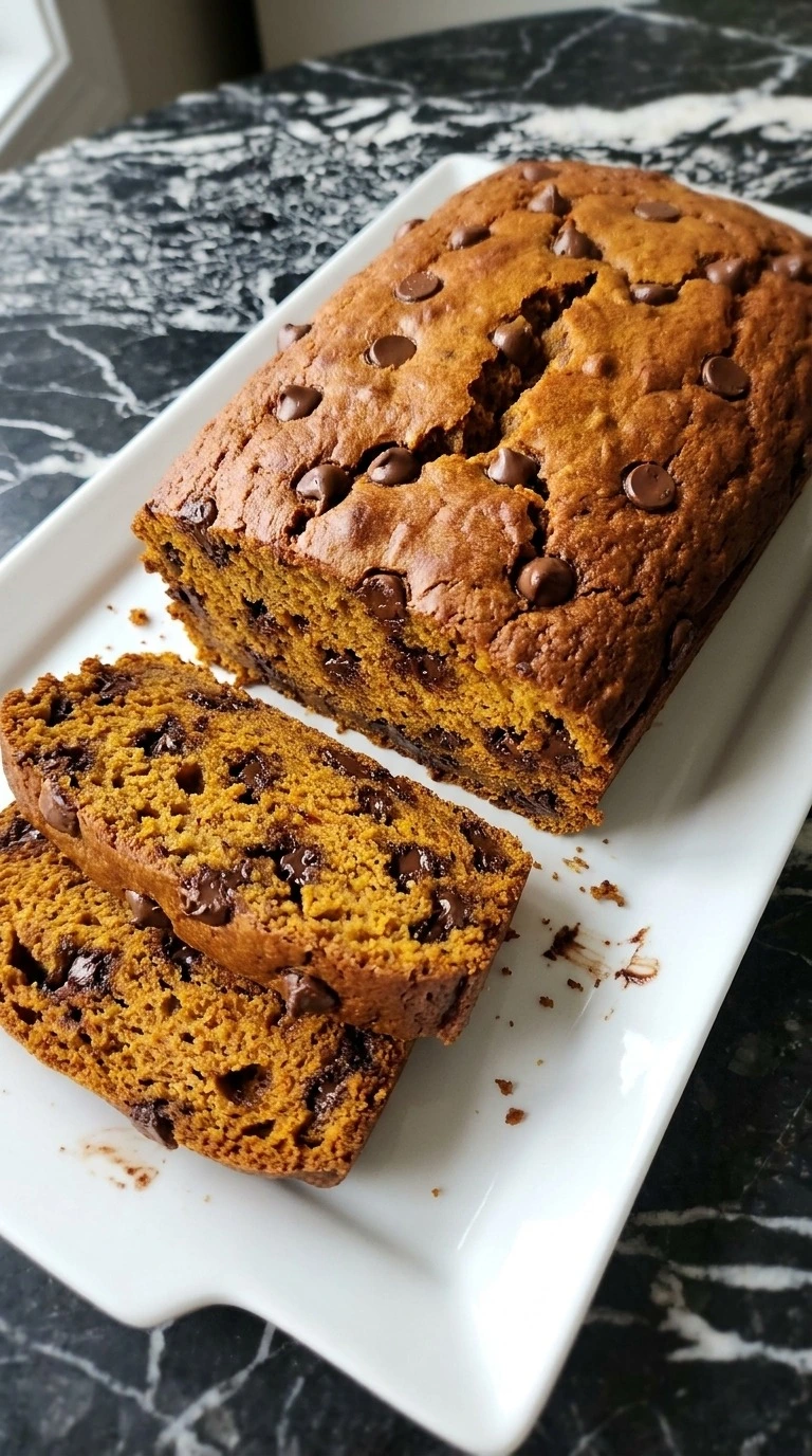 Pumpkin Bread with Chocolate Chips loaf with a cracked golden top and moist chocolate filled slices Recipe focus: chocolate chip pumpkin bread recipe.