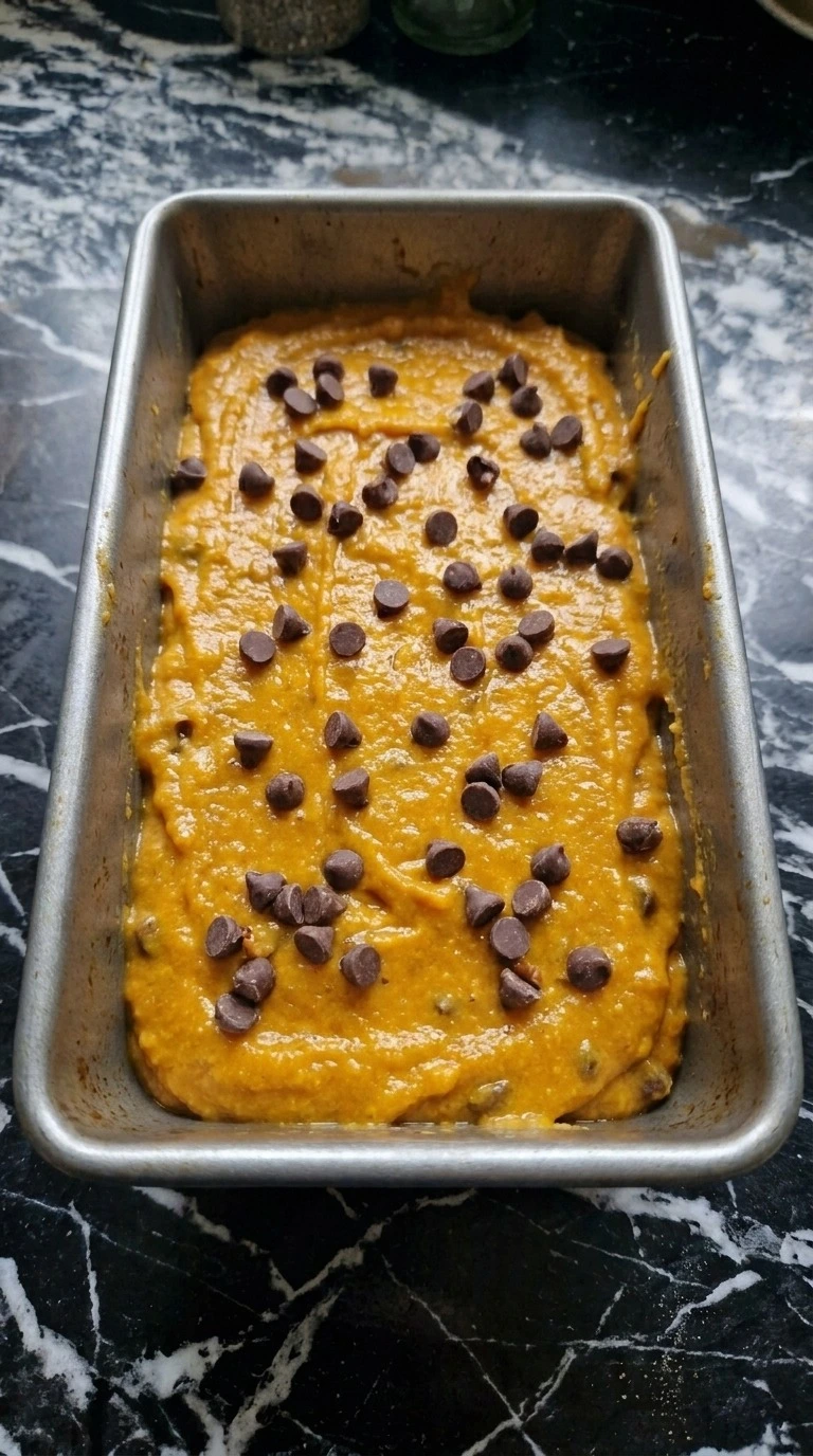 Pumpkin Bread with Chocolate Chips batter folded with semisweet chocolate chips in a loaf pan Recipe focus: fall bread recipes.