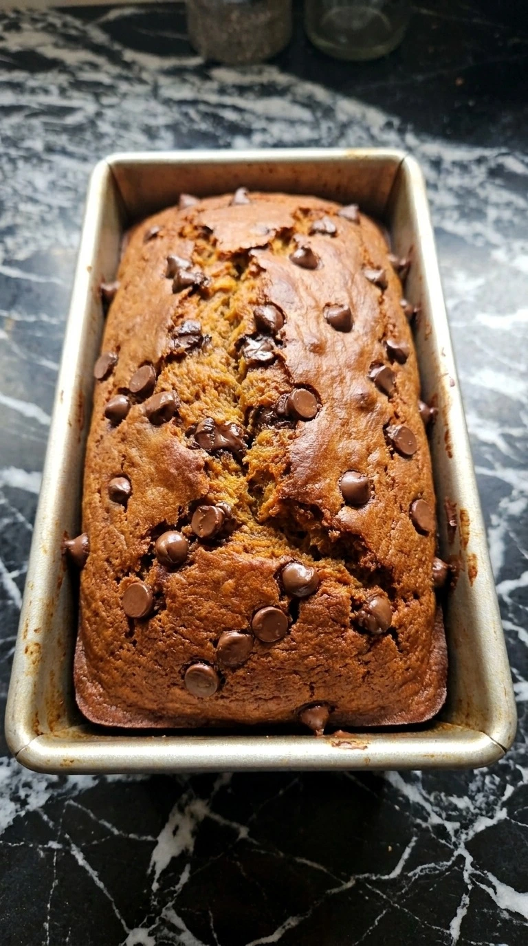 Pumpkin Bread with Chocolate Chips baked deep golden with a natural center crack Recipe focus: pumpkin chocolate chip cake.