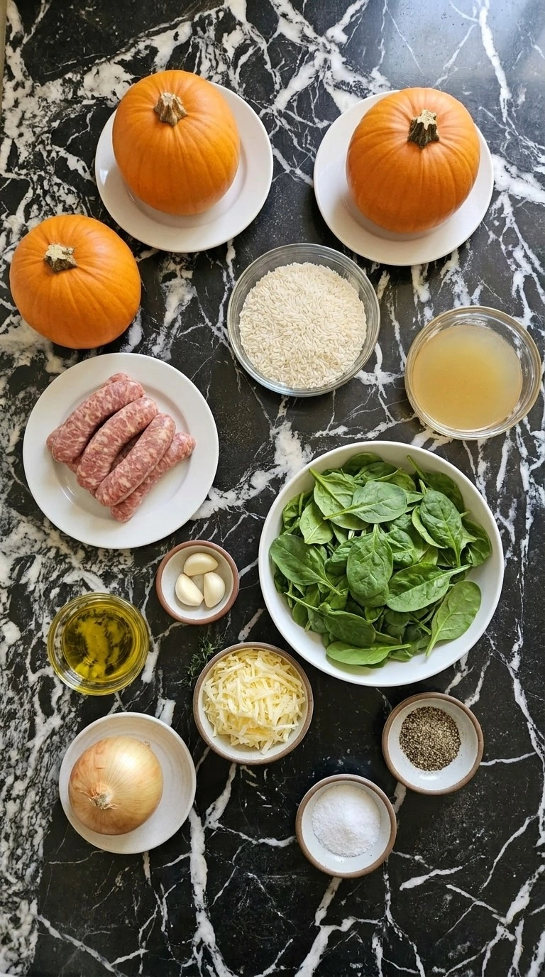 Pumpkin for Halloween ingredients with sugar pumpkins sausage rice spinach cheddar onion and thyme. Recipe focus: pumpkin ideas for halloween.