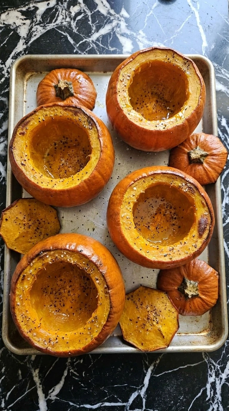 Pumpkin for Halloween step showing four hollow sugar pumpkins lightly roasted with their lids beside them. Recipe focus: pumpkin halloween.