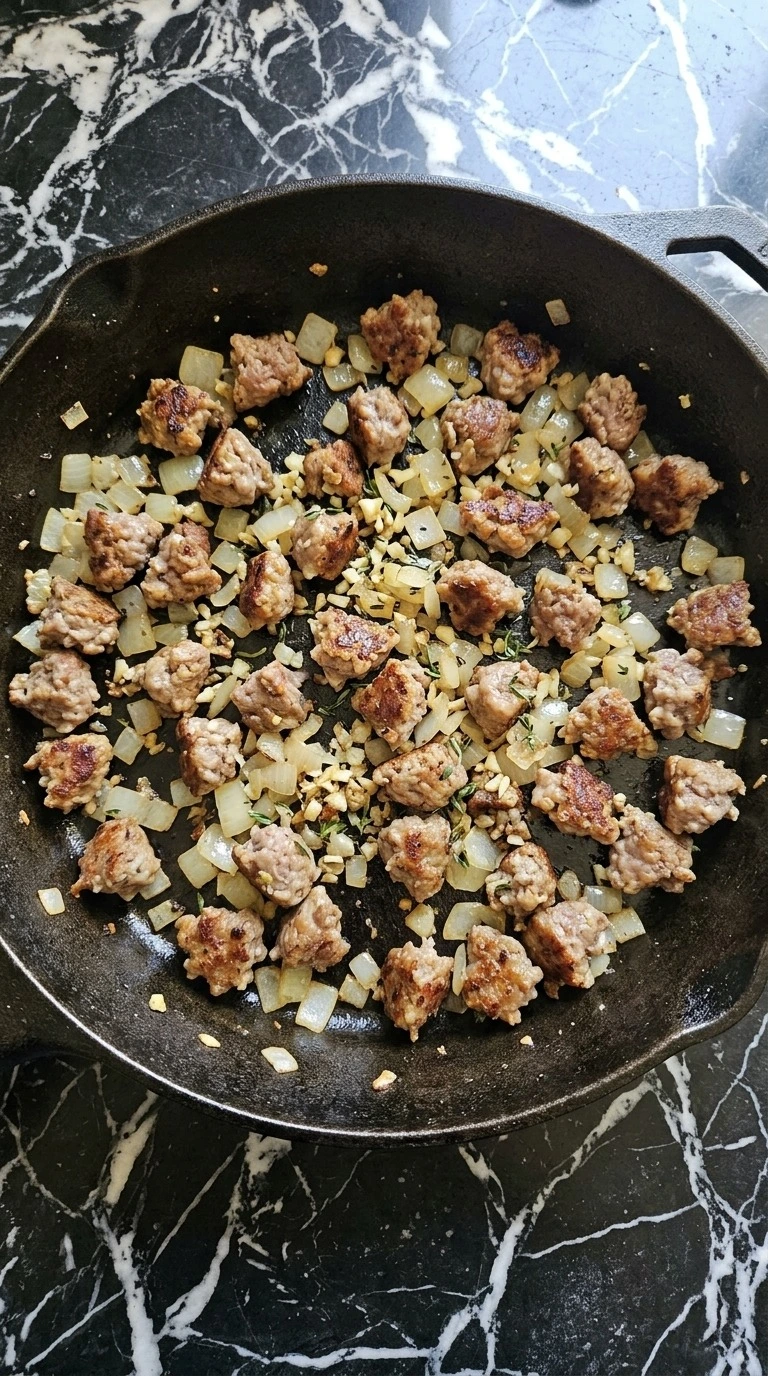 Pumpkin for Halloween filling with browned sweet Italian sausage onion garlic and thyme in a skillet. Recipe focus: pumpkin ideas for halloween.