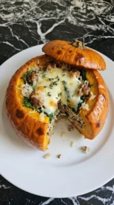 Pumpkin for Halloween served as one stuffed sugar pumpkin cut open to show the sausage rice filling. Recipe focus: pumpkin ideas for halloween.