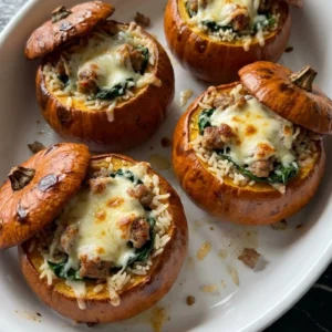 Pumpkin for Halloween stuffed sugar pumpkins with sausage rice spinach and browned cheddar. Recipe focus: pumpkin ideas for halloween.