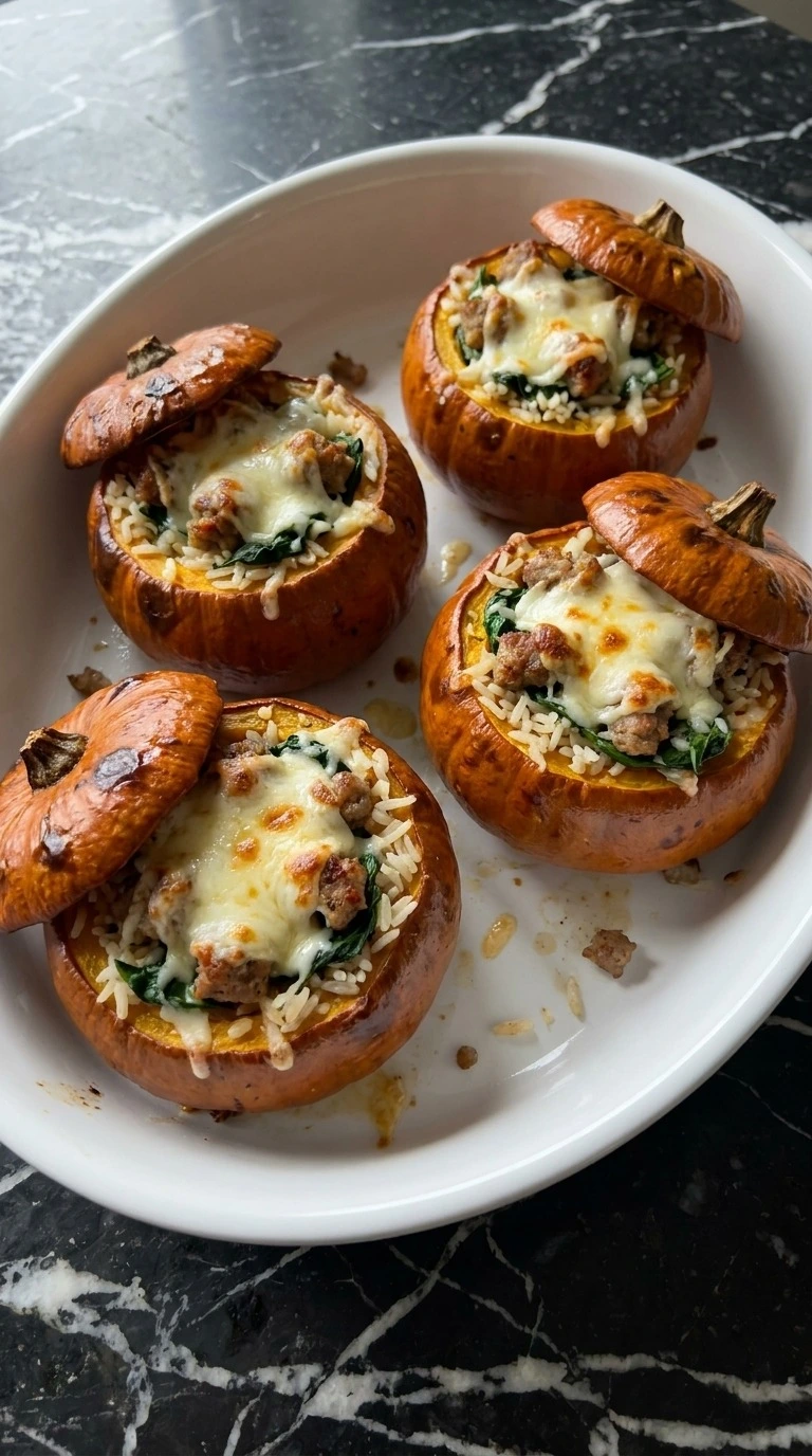 Pumpkin for Halloween stuffed sugar pumpkins with sausage rice spinach and browned cheddar. Recipe focus: pumpkin ideas for halloween.