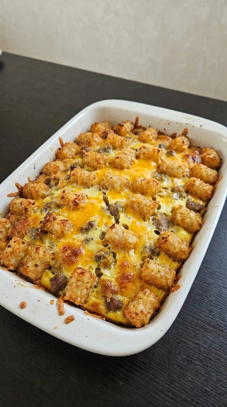 Tater Tot Breakfast Casserole with golden tater tots and melted cheese Recipe focus: breakfast casserole with hashbrowns.