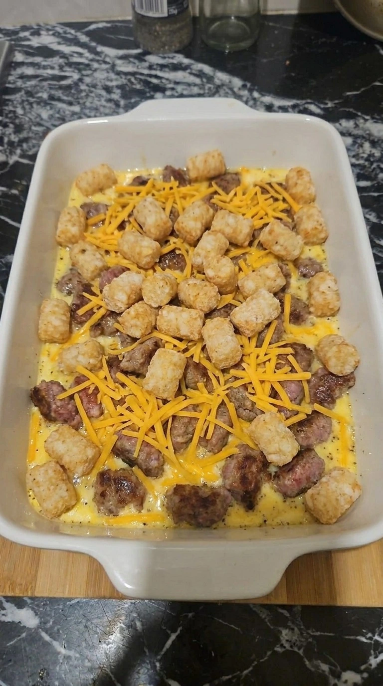 Tater Tot Breakfast Casserole layered before final baking Recipe focus: breakfast casserole with hashbrowns.