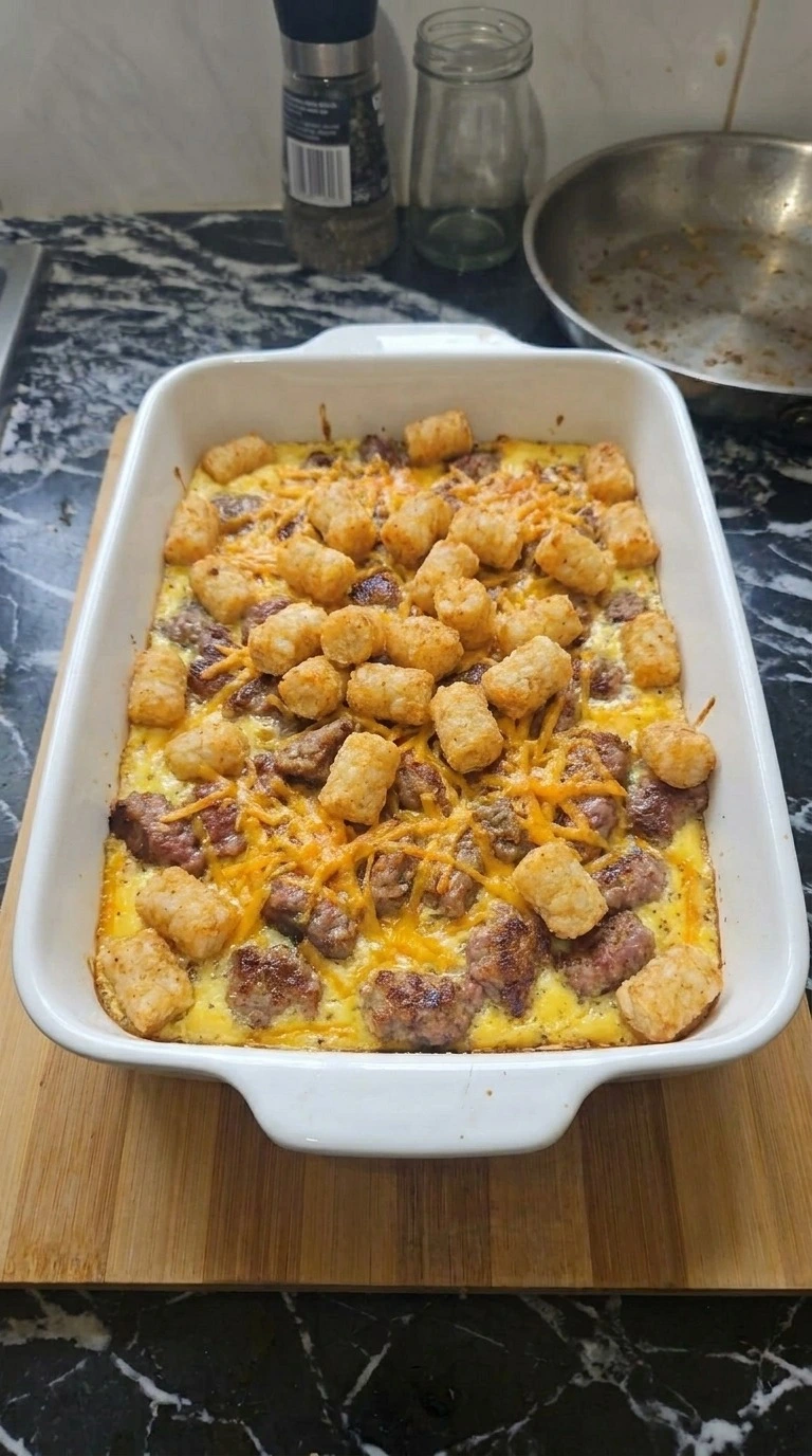 Tater Tot Breakfast Casserole baking with golden crispy topping Recipe focus: easy breakfast casserole.
