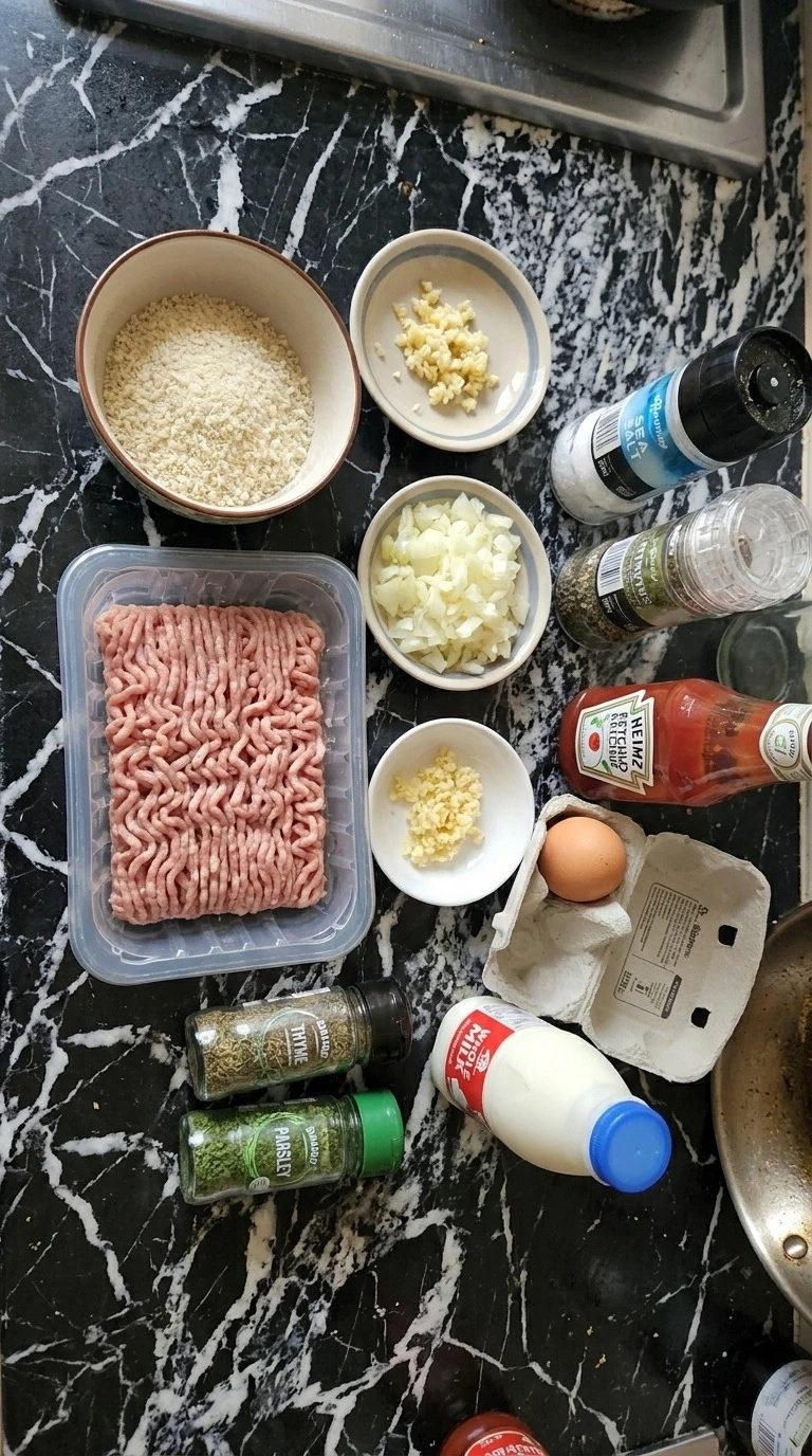 Turkey Meatloaf ingredients arranged before mixing for a homemade loaf Recipe focus: mini meatloaf recipes.