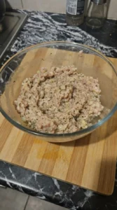 Turkey Meatloaf mixture being combined in bowl before baking Recipe focus: meatloaf recipe.