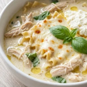 White Chicken Lasagna Soup with creamy broth and tender chicken in a bowl Recipe focus: white lasagna soup.