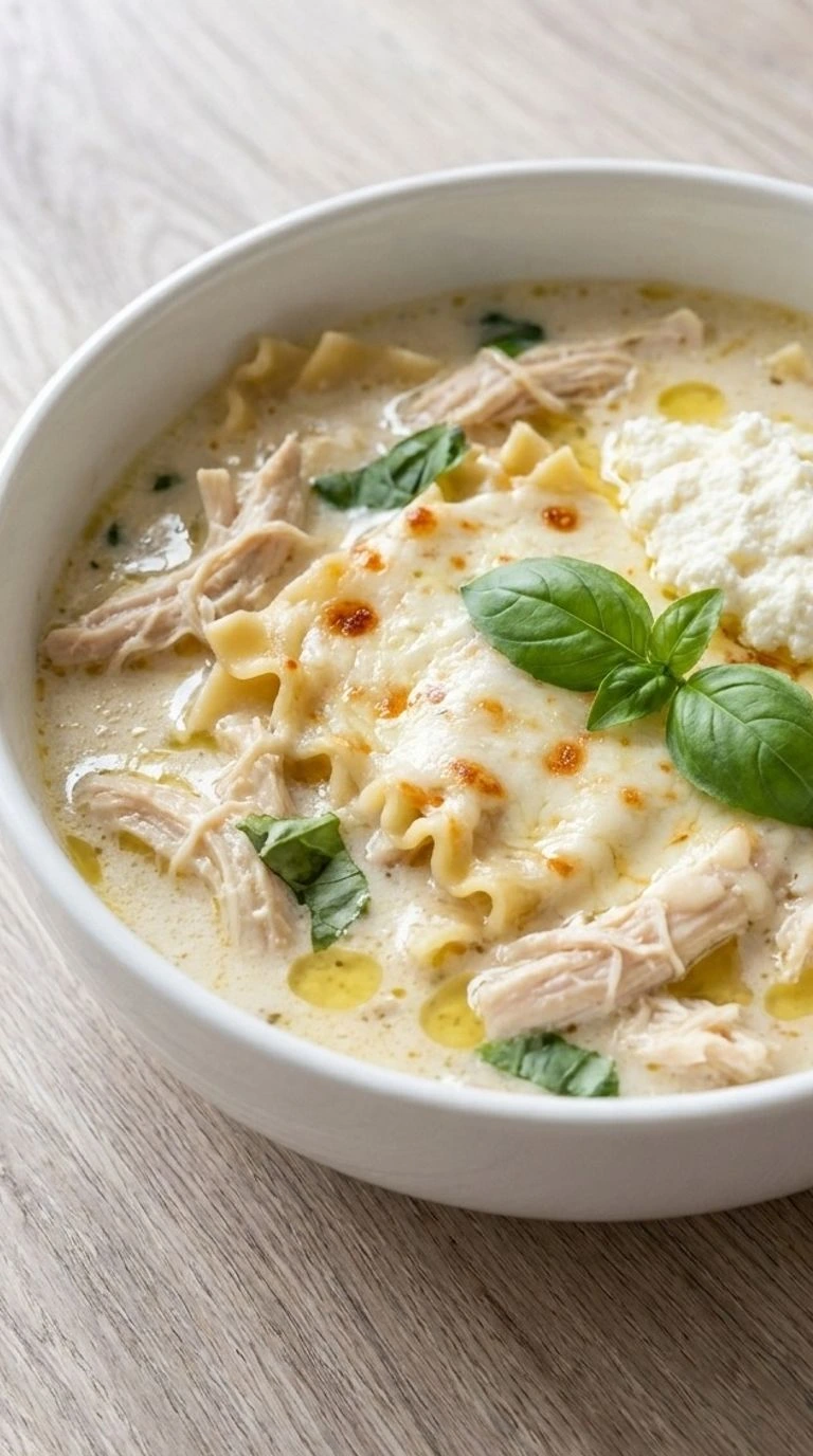 White Chicken Lasagna Soup with creamy broth and tender chicken in a bowl Recipe focus: white lasagna soup.