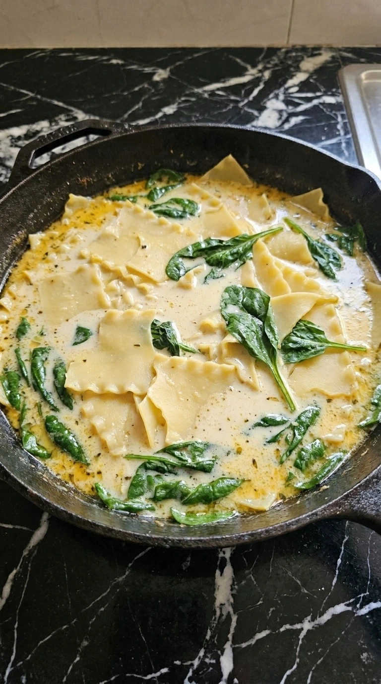 White Chicken Lasagna Soup noodles and spinach softening in creamy broth Recipe focus: alfredo lasagna soup.