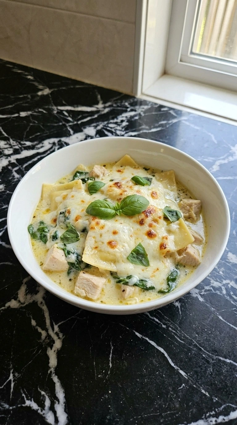 White Chicken Lasagna Soup finished with melted cheese and basil Recipe focus: alfredo lasagna soup.