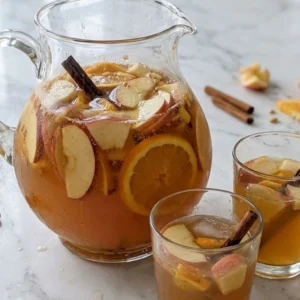Apple Cider Sangria in a pitcher with apple slices and orange wheels Recipe focus: apple cider sangria recipe.