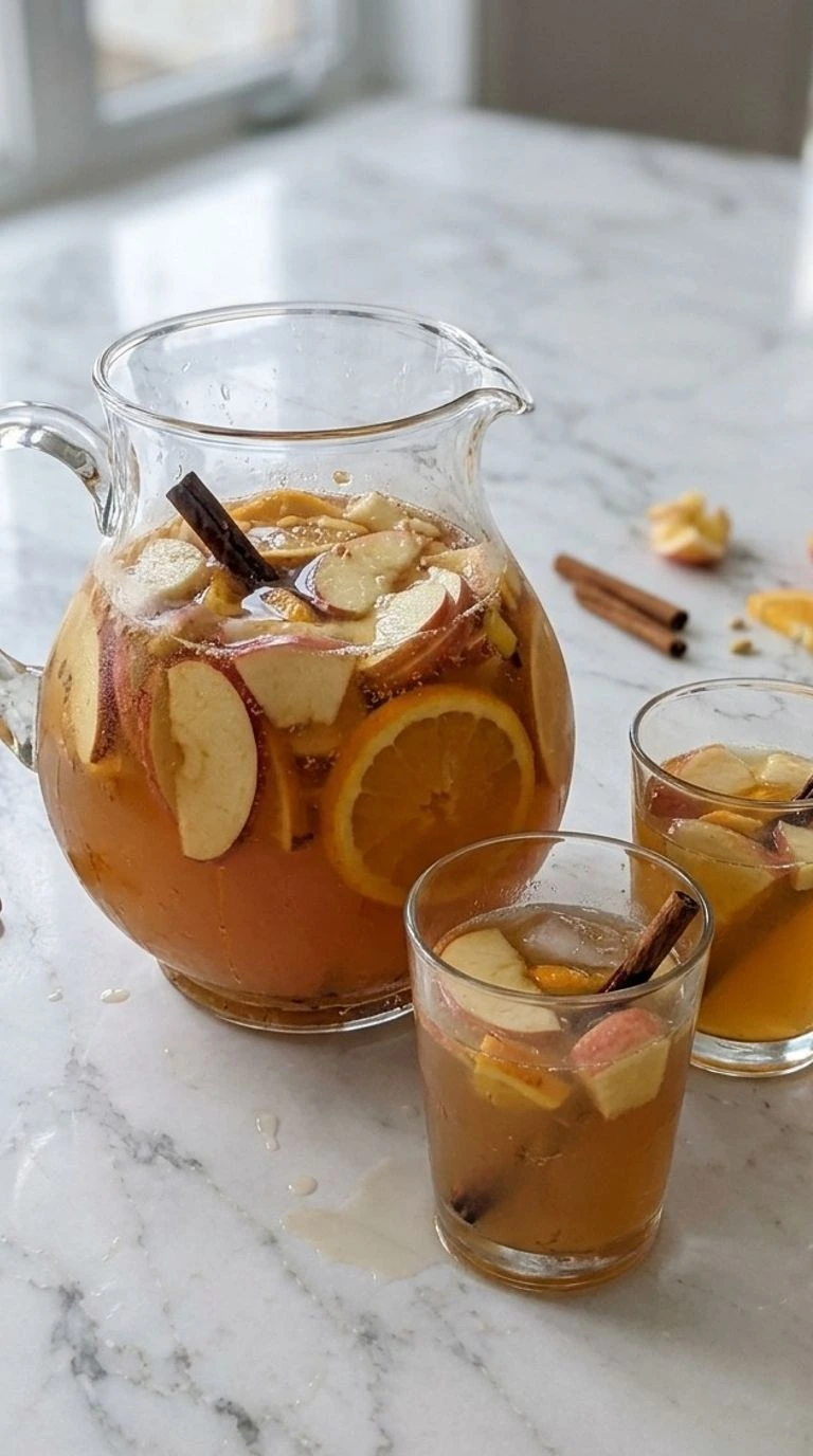 Apple Cider Sangria in a pitcher with apple slices and orange wheels Recipe focus: apple cider sangria recipe.