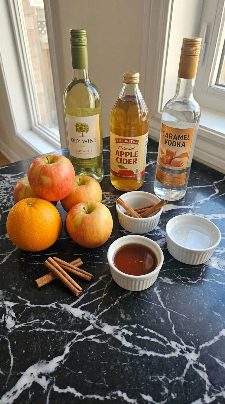 Apple Cider Sangria ingredients with apples oranges cider and spices Recipe focus: caramel apple cider sangria.