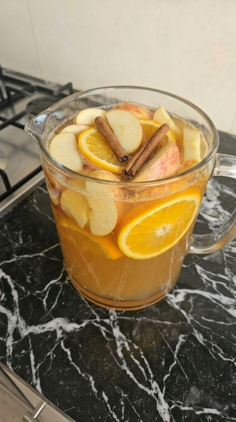 Apple Cider Sangria wine poured into fruit cider mixture Recipe focus: apple cider sangria recipe.