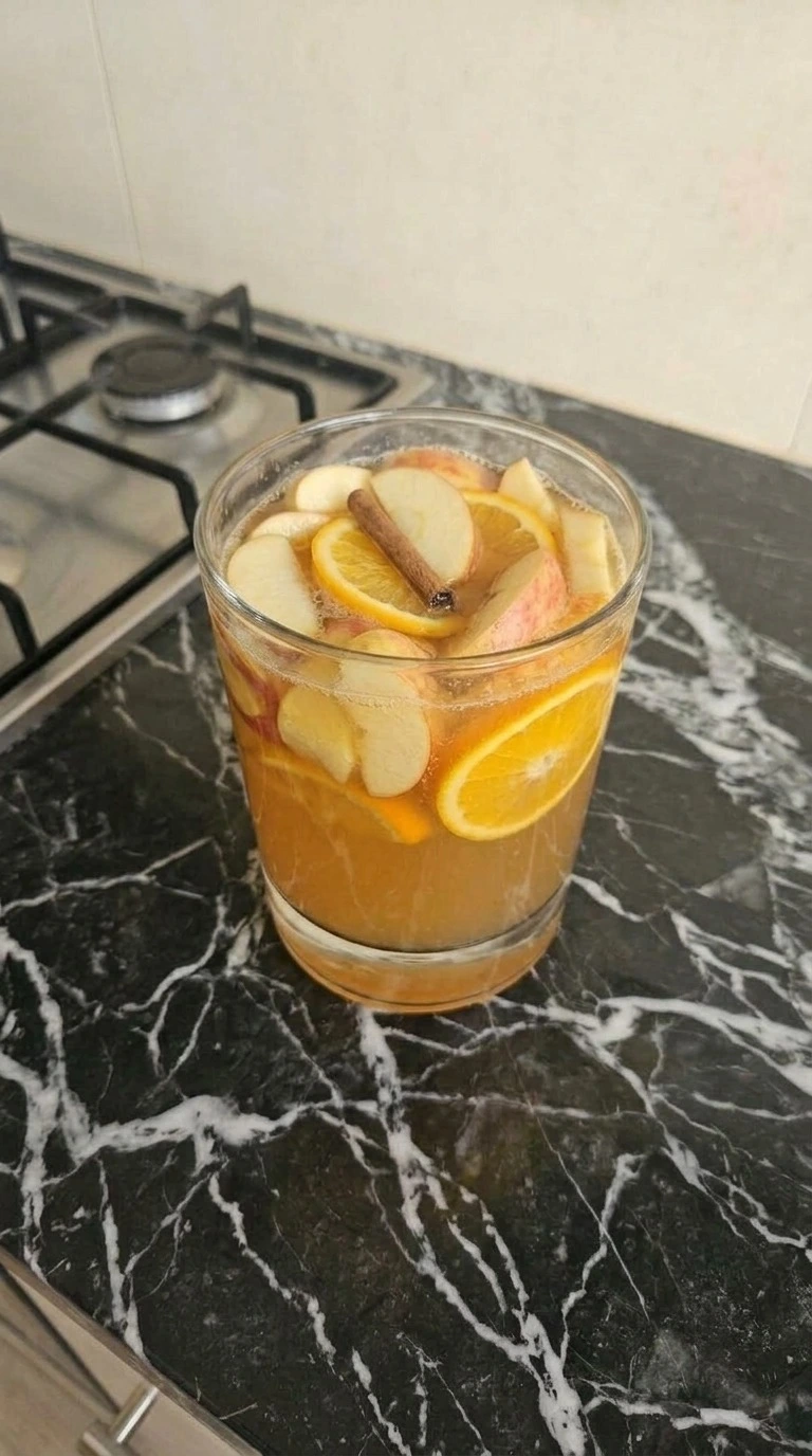 Apple Cider Sangria single glass serving with fruit pieces Recipe focus: apple cider sangria recipe easy.