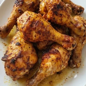 Baked Chicken Drumsticks with crispy golden paprika-seasoned skin on a white serving platter. Recipe focus: easy baked chicken drumsticks.