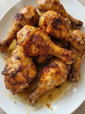 Baked Chicken Drumsticks with crispy golden paprika-seasoned skin on a white serving platter. Recipe focus: easy baked chicken drumsticks.